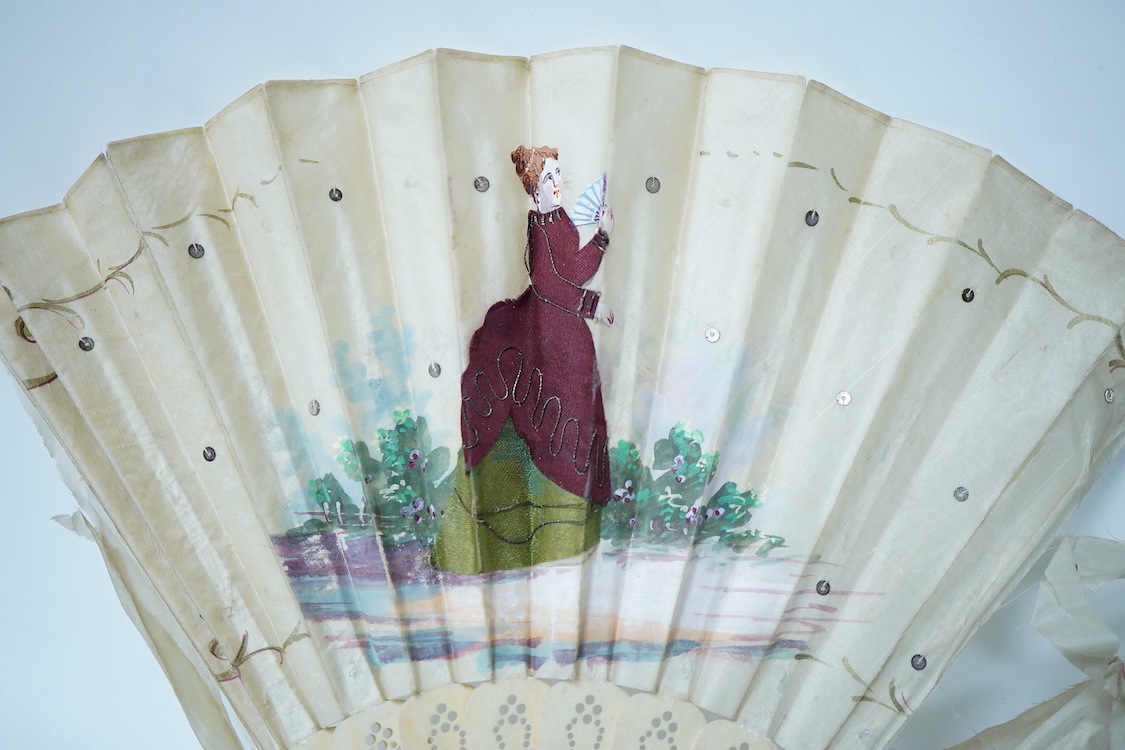 A collection of 19th century and later fans to include a black lacquered and lace example and a hand painted floral example